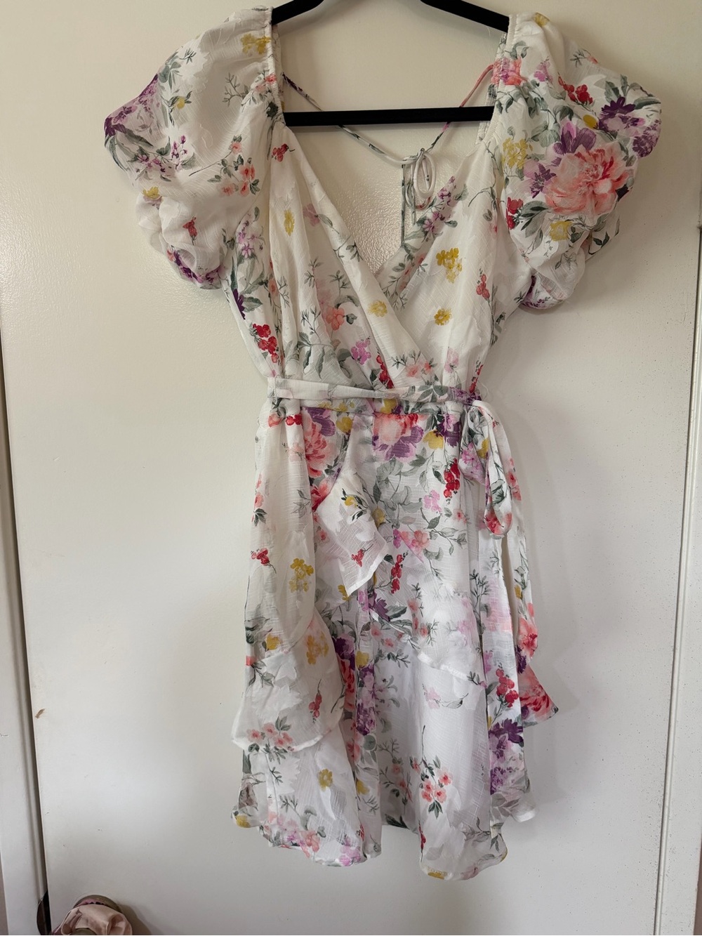Tixxi Clothing Company White Floral Wrap Mini Dress with Puff Sleeves